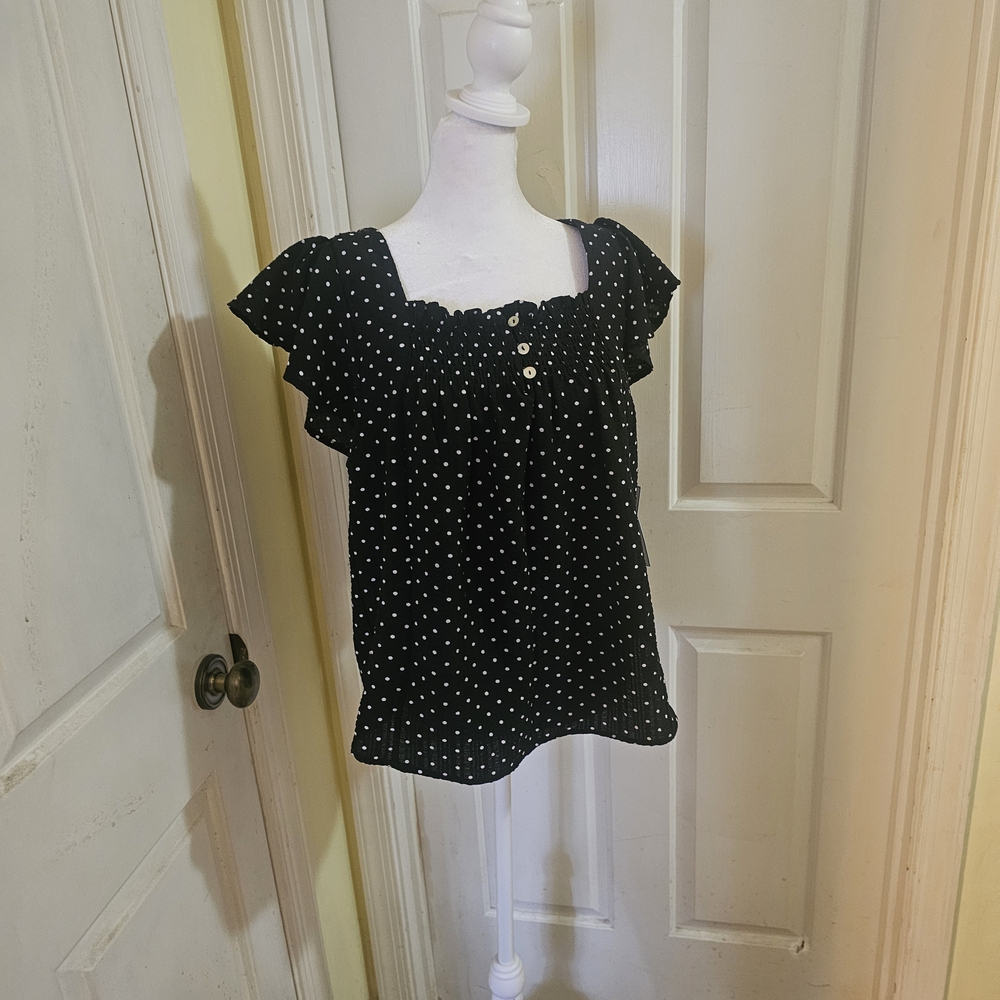 Draper James Black Polka Dot Ruffle Sleeve Blouse